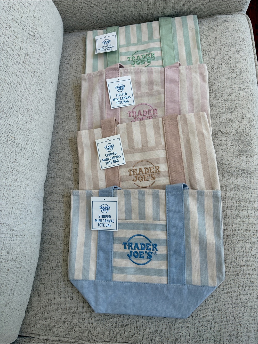 Trader Joe’s Striped Mini Canvas Tote Bag - Pastel Pink, Blue, Green, Beige